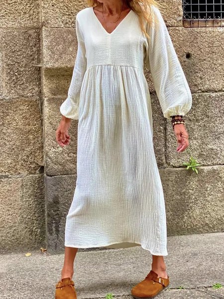 

Cotton V Neck Casual Dresses, White-yellow, Maxi Dresses