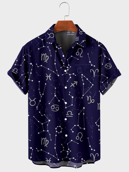 

Mens Starry Sky Horoscope Print Turndown Collar Chest Pocket Short Sleeve Casual Shirts, Blue, Men's Floral shirt