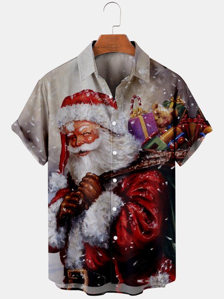 

Mens Christmas Santa Printed Casual Breathable Short Sleeve Shirts, Khaki, Shirts ＆ Blouse