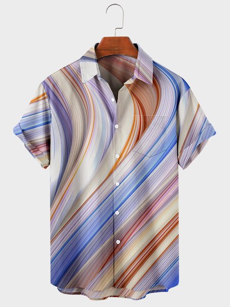 

Mens Rock Waves Print Turndown Collar Chest Pocket Short Sleeve Casual Shirts, Blue, Men's basic shirt