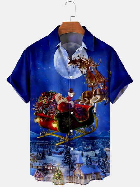

Mens Christmas Printed Casual Breathable Short Sleeve Shirts, Blue, Shirts ＆ Blouse