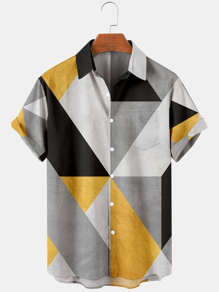 

Mens Geo Color Block Print Turndown Collar Chest Pocket Short Sleeve Casual Shirts, Gray, Men's basic shirt