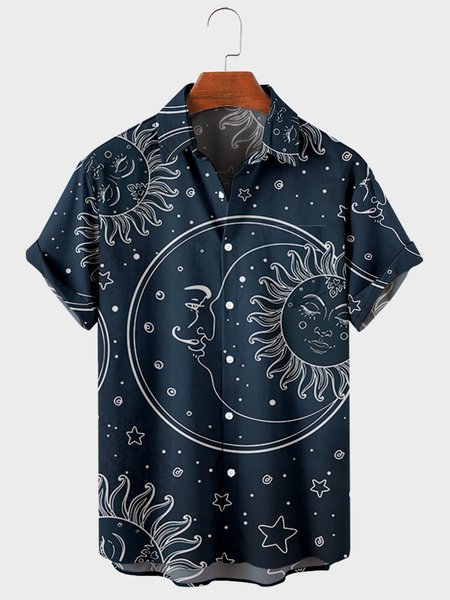 

Mens Sun & Moon Print Turndown Collar Chest Pocket Short Sleeve Casual Shirts, Deep blue, Men's Floral shirt