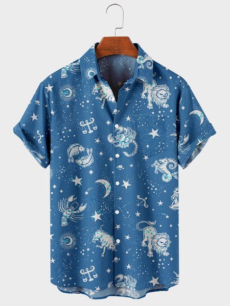 

Mens Starry Sky Constellations Print Turndown Collar Chest Pocket Short Sleeve Casual Shirts, Blue, Men's Floral shirt