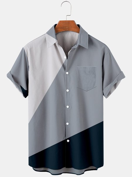 

Mens Color Block Print Turndown Collar Chest Pocket Short Sleeve Casual Shirts, Gray, Shirts ＆ Blouse