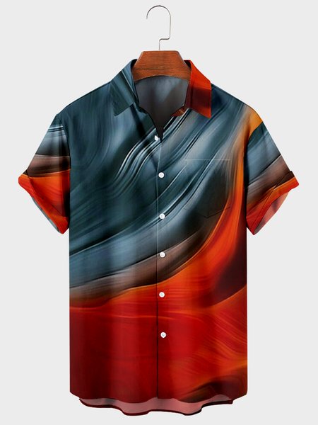 

Mens Rock Waves Print Turndown Collar Chest Pocket Short Sleeve Casual Shirts, Red-blue, Shirts ＆ Blouse