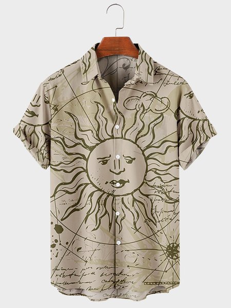 

Mens Sun & Moon Print Turndown Collar Chest Pocket Short Sleeve Casual Shirts, Khaki, Men's Floral shirt