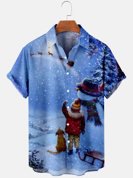 

Mens Christmas Snowman Printed Casual Breathable Short Sleeve Shirts, Blue, Shirts ＆ Blouse