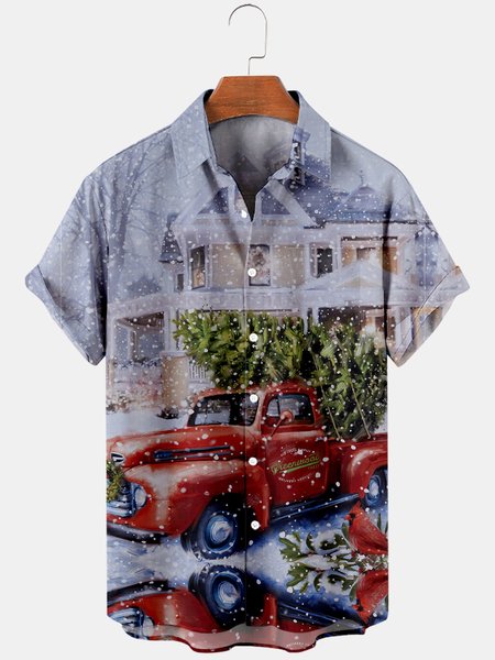 

Mens Christmas Printed Casual Breathable Short Sleeve Shirts, Gray, Men's Floral shirt