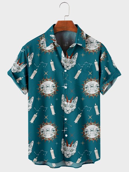 

Mens Cats & Sun Print Chest Pocket Round Hem Loose Short Sleeve Shirts, Blue, Shirts ＆ Blouse