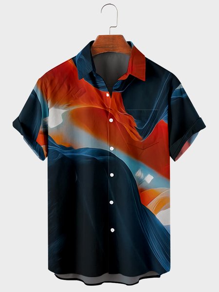 

Mens Rock Waves Print Turndown Collar Chest Pocket Short Sleeve Casual Shirts, Blue-orange, Men's basic shirt