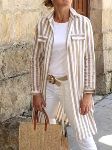 

Casual Household Daily Vintage Shirt Collar Outerwear, Stripe, Jackets