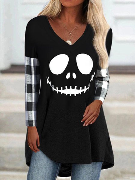

Halloween Printed Plaid Long Sleeves V Neck Plus Size Casual Tops, Black, T-Shirts