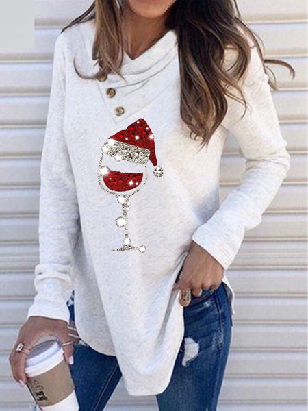 

Long sleeve V-neck pile neck elastic Christmas basic top T-shirt women, White, Tees & T-shirts