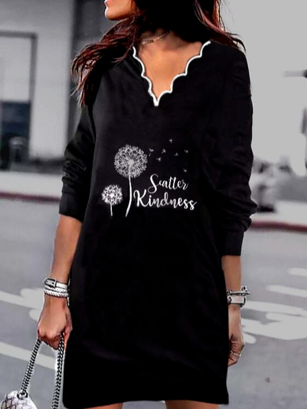 

Print/Letter Long Sleeves Dropped Shoulder Shift Above Knee Casual T-shirt Dresses, Black, Mini Dresses