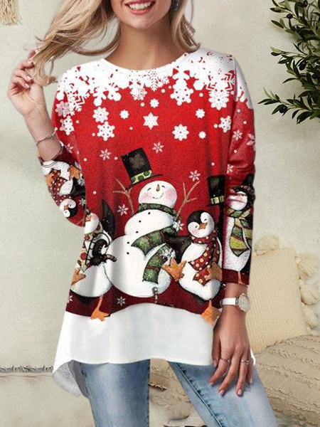 

Christmas Snowman Household Daily Vintage Casual Cotton Blends T-shirt, White-red, Long sleeve tops