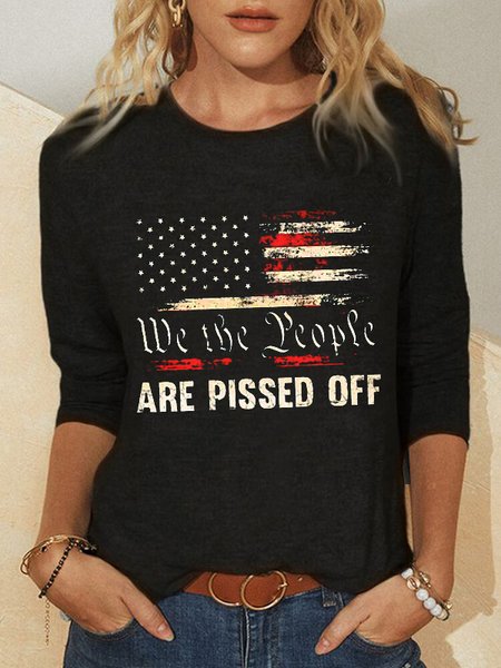 

Letter Flag Crew Neck Long Sleeve Casual Shirts & Tops, Black, T-Shirts