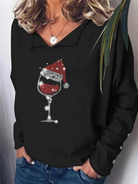 

Casuale Stampato Scollo a V Maniche Lunghe Top, Nero, T-Shirts