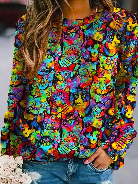

Cat Graphic Crew Neck Regular Fit Animal Sweatshirt, As picture, Hoodies&Sweatshirts