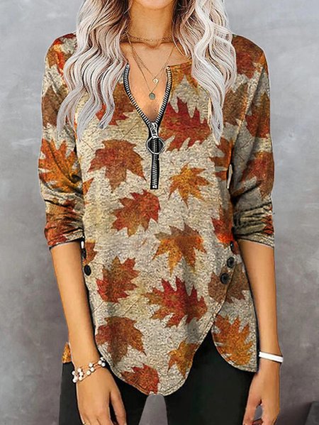 

V Neck Long Sleeve Casual Leaves Printed Shirts & Tops, Multicolor, T-Shirts