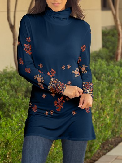 

Casual Shirts & Tops Navy Blue Rusty Floral Turtleneck Top, Tunics