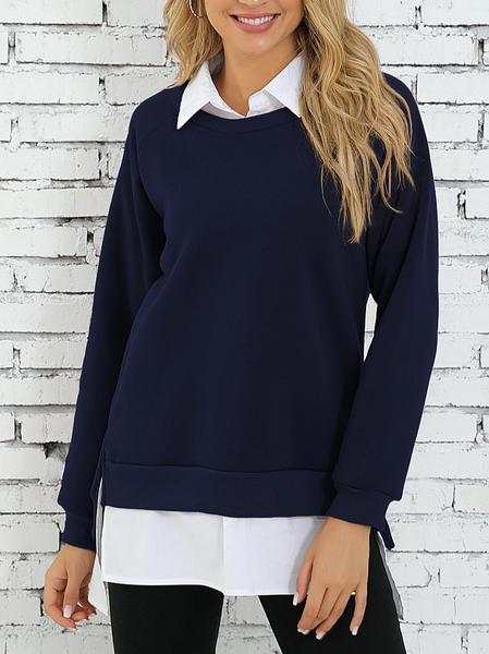 

Plain Casual Sweatshirts Navy blue and white layered fake two-piece casual sweater, Auto-clearance