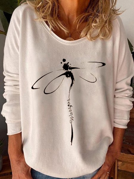 

Casual Dragonfly Printed Crew Neck Long Sleeve Shirts & Tops, White, T-Shirts