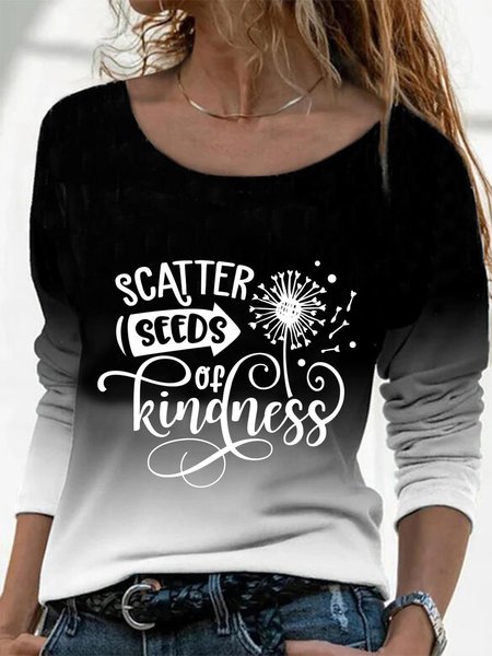 

Color-block Dandelion Letters Printed Long Sleeves Crew Neck Plus Size Casual Tops, Multicolor, T-Shirts