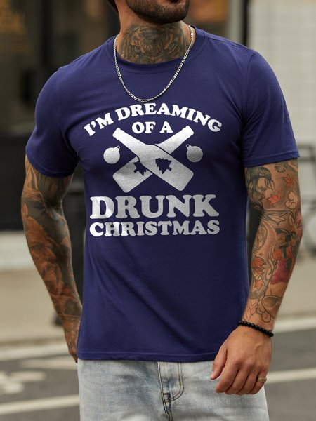 

I'm Dreaming Of A Drunk Christmas Cotton Blends Short Sleeve Crew Neck Shirts & Tops, Deep blue, T-shirts