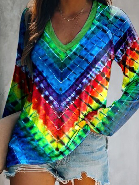 Cotton Casual Tie Dye Tops, Green, T-Shirts
