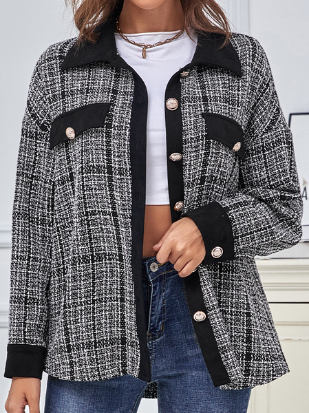 

Wish woolen Plaid stitched deerskin flannel cardigan coat, Black, Outerwear