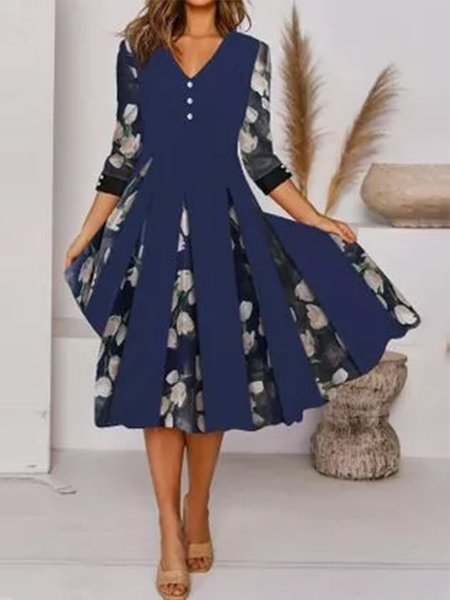 

V Neck Elegant Dresses, Purplish blue, Midi Dresses