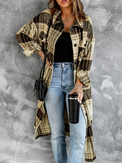 

Plaid Print Button Pocket Design Longline Shacket, Multicolor, Coats
