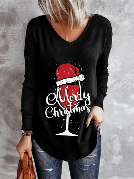 

Christmas Xmas Long Sleeve V Neck Plus Size Printed Tops T-shirts, Black, T-Shirts