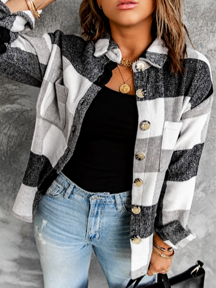 

Button Pocket Design Plaid Print Long Sleeve Shacket, Gray, Coats