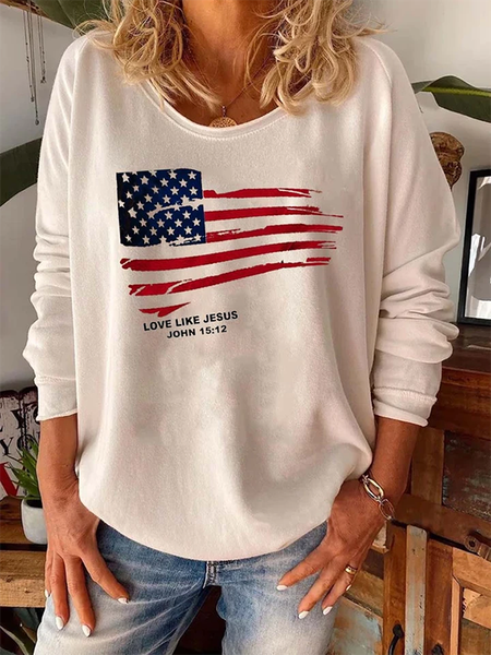 

Casual Flag Letter Crew Neck Long Sleeve Shirts & Tops, White, T-Shirts