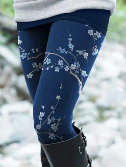 

Skinny Cotton Blends Floral Pants, Blue, leggings