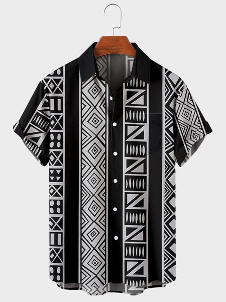 

Mens Geometric Print Chest Pocket Round Hem Loose Short Sleeve Shirts, Black, Men's Floral shirt