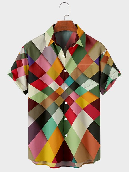 

Mens Colorful Geometric Print Chest Pocket Round Hem Loose Short Sleeve Shirts, Multicolor, Men's shirts