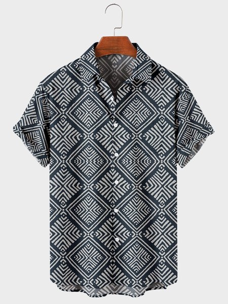 

Mens Geometric Print Chest Pocket Round Hem Loose Short Sleeve Shirts, Deep blue, Men's Floral shirt