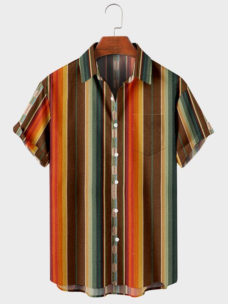 

Mens Multi Color Graffiti Chest Pocket Round Hem Loose Short Sleeve Shirts, Orange, Shirts ＆ Blouse