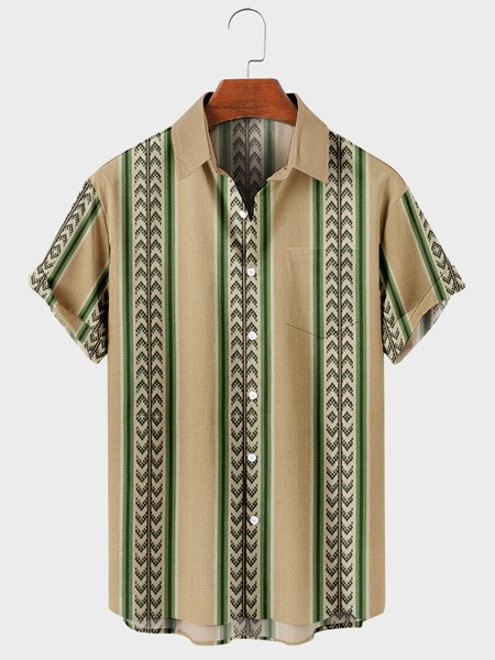 

Mens Geometric Print Chest Pocket Round Hem Loose Short Sleeve Shirts, Khaki, Men's basic shirt