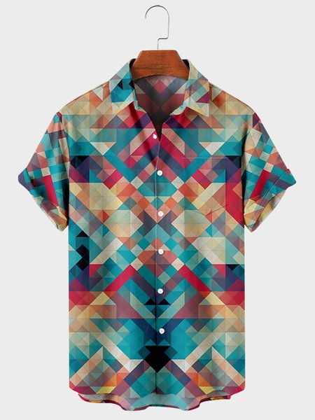 

Mens Colorful Plaid Chest Pocket Round Hem Loose Short Sleeve Shirts, Multicolor, Men's Floral shirt