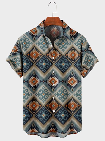 

Mens Geometric Print Chest Pocket Round Hem Loose Short Sleeve Shirts, Blue, Men's Floral shirt