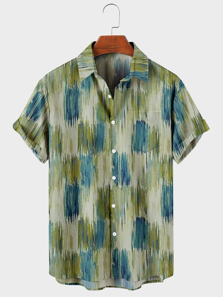 

Mens Geometric Print Chest Pocket Round Hem Loose Short Sleeve Shirts, Green, Shirts ＆ Blouse