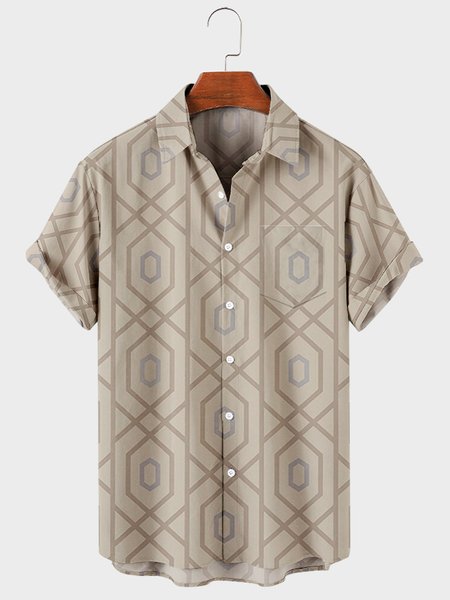 

Mens Geometric Print Chest Pocket Round Hem Loose Short Sleeve Shirts, Khaki, Men's Floral shirt