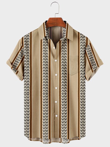

Mens Geometric & Striped Print Chest Pocket Round Hem Loose Short Sleeve Shirts, Khaki, Men's Floral shirt