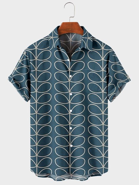 

Mens Leaf Print Chest Pocket Round Hem Loose Short Sleeve Shirts, Blue, Men's Floral shirt
