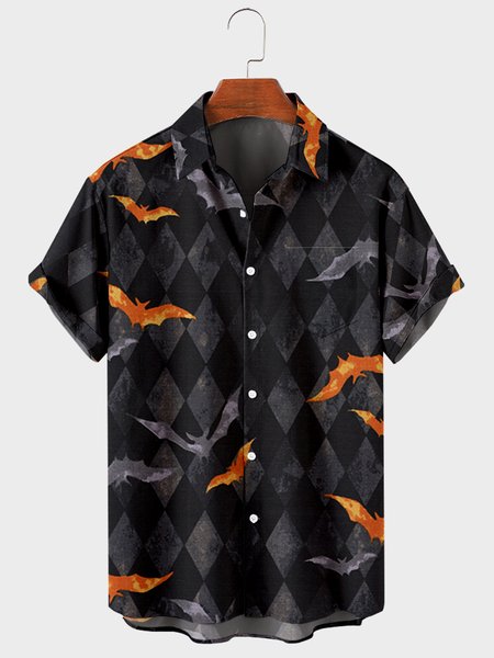 

Mens Diamond Grid With Bat Print Chest Pocket Round Hem Loose Short Sleeve Shirts, Black, Men's Floral shirt