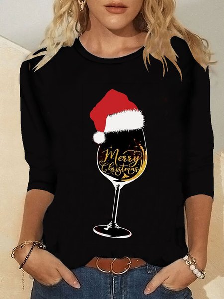 

Christmas Xmas Long Sleeve Round Neck Plus Size Printed Tops T-shirts, Black, T-Shirts